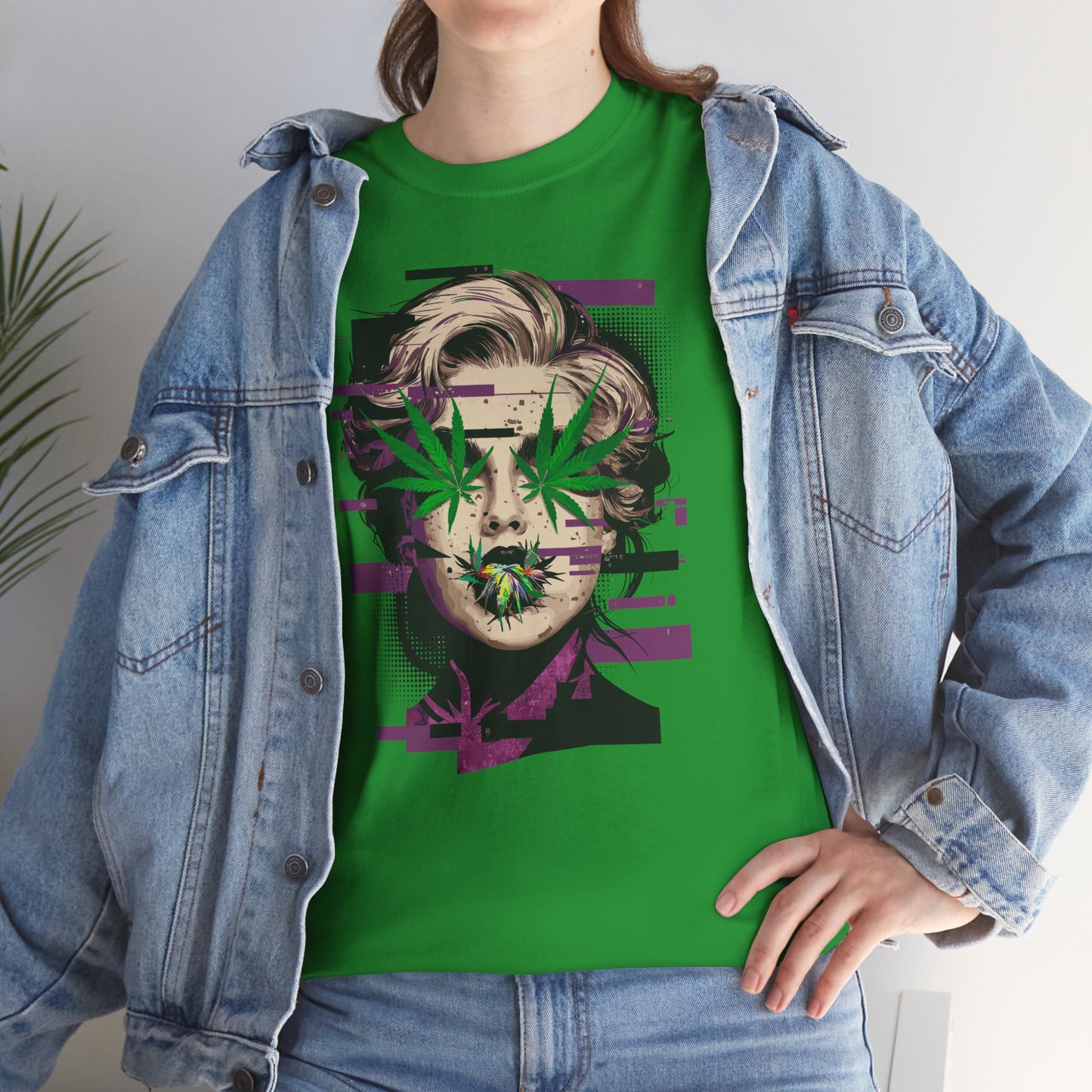 Vintage Portrait Tee — Glitch Art Face with Cannabis Leaf Mask