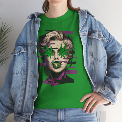 Vintage Portrait Tee — Glitch Art Face with Cannabis Leaf Mask