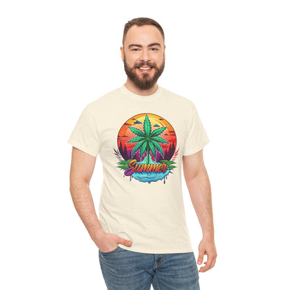 Summer Cannabis Leaf T-Shirt – Retro Tropical Sunset Tee