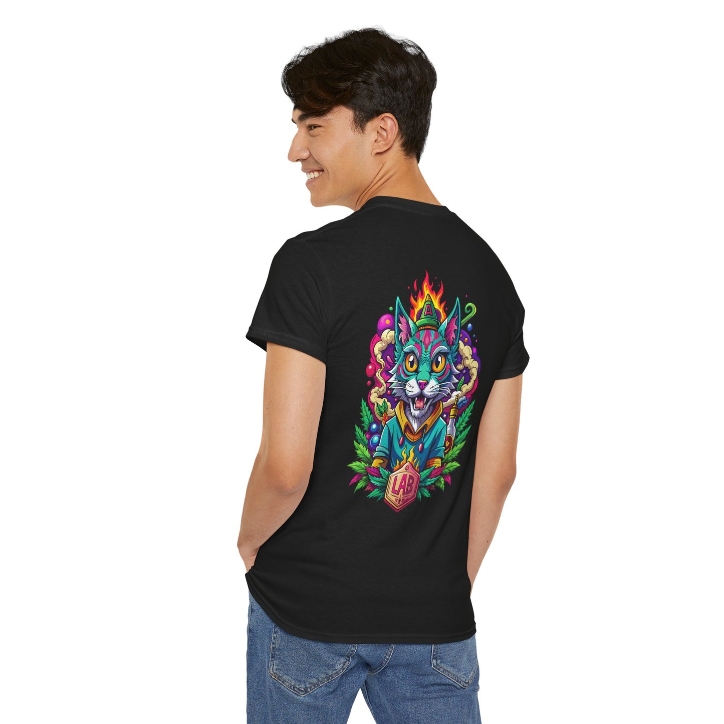 Psychedelic Flame Cat Graphic Tee — Colorful Trippy Cat Design