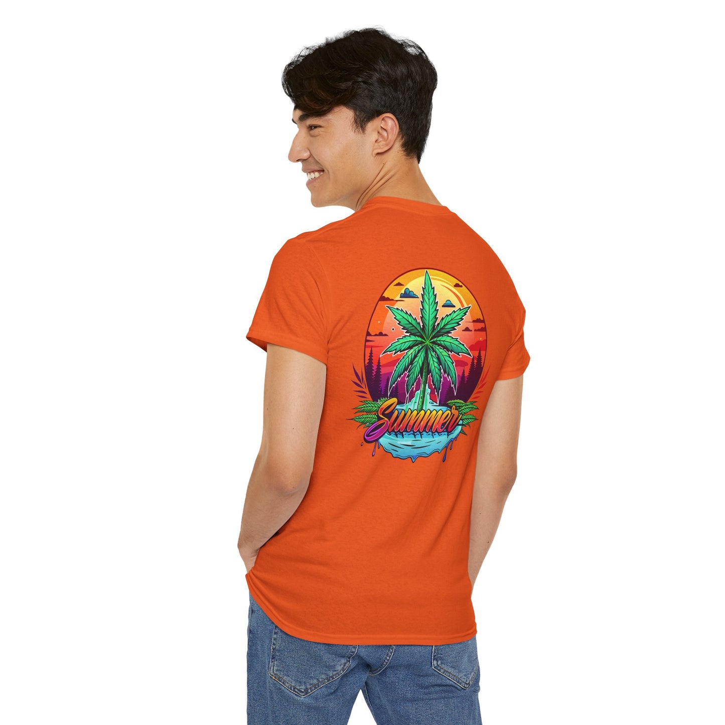 Summer Cannabis Leaf T-Shirt – Retro Tropical Sunset Tee Both