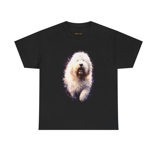 Fluffy Old English Sheepdog Graphic Tee — Cute Running Dog Shirt