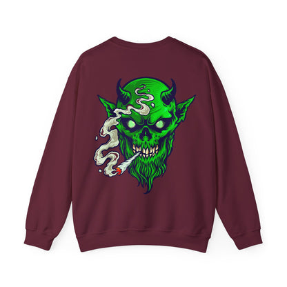 Smoking Green Demon Skull Sweatshirt — Creepy Stoner Graphic