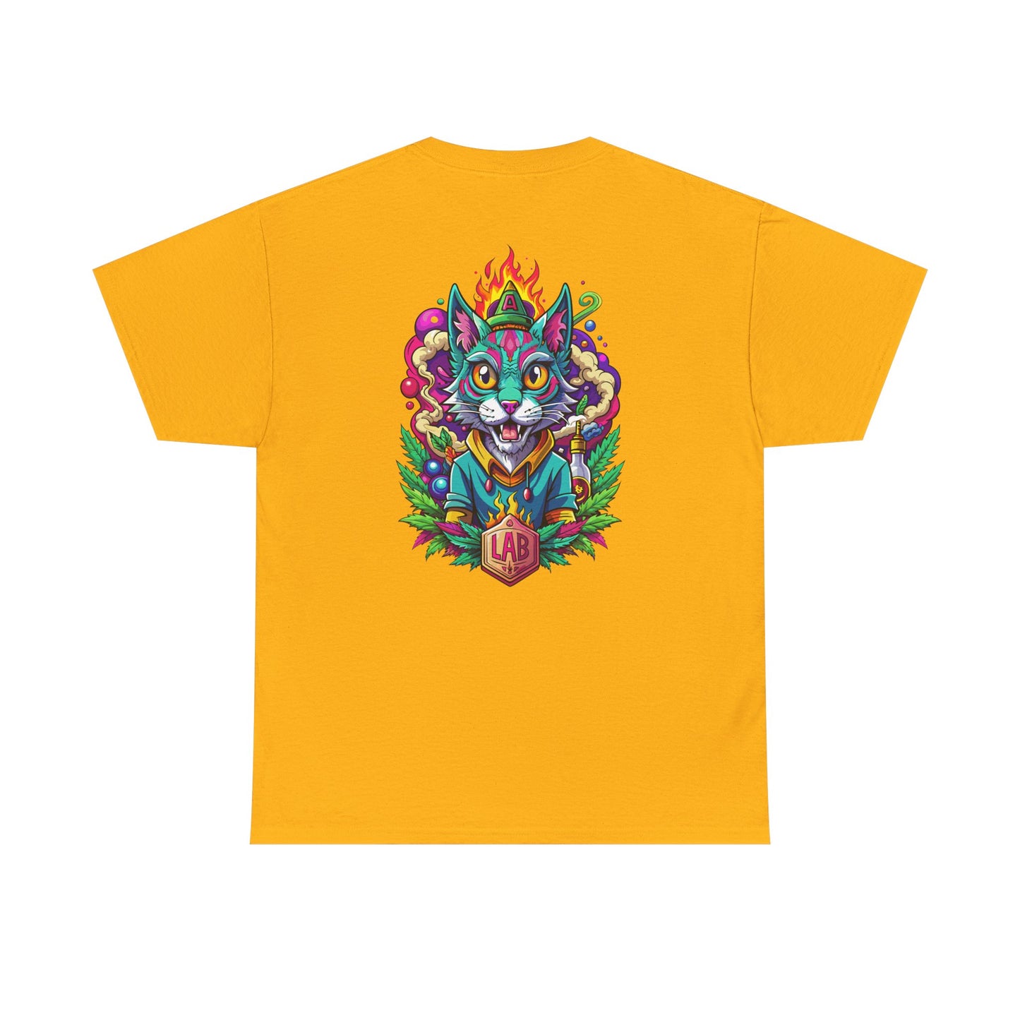 Psychedelic Flame Cat Graphic Tee — Colorful Trippy Cat Design