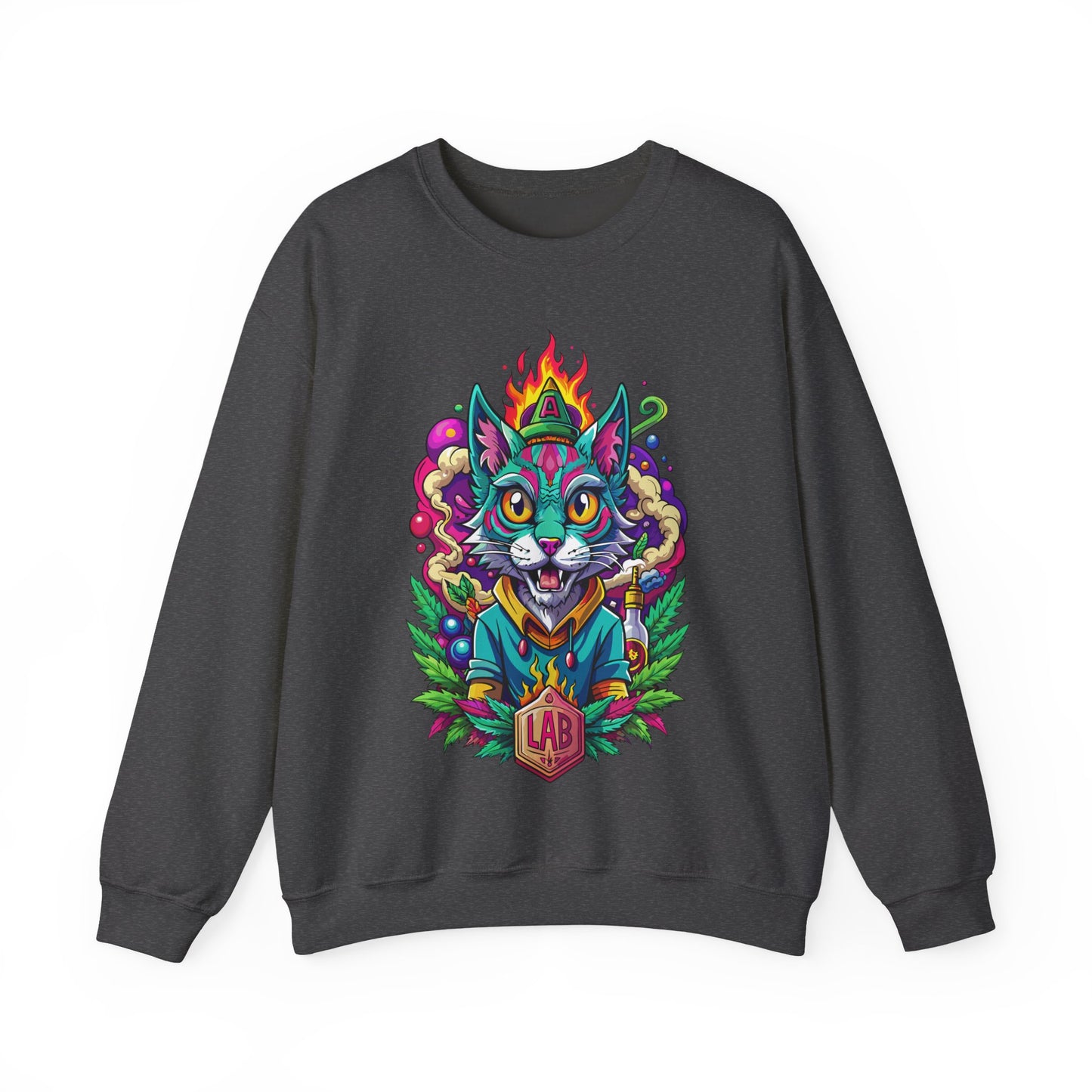 Psychedelic Flame Cat Graphic Sweatshirt — Colorful Trippy Cat Design