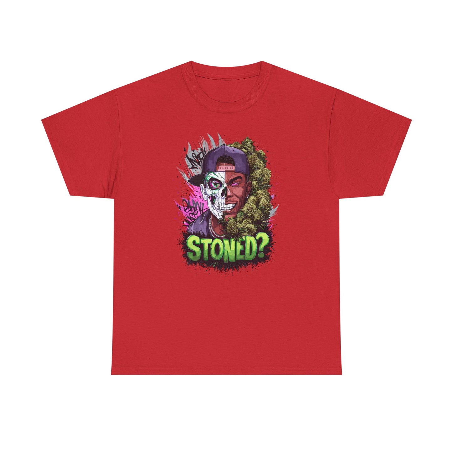 T-Shirt — 'Stoned?' Skull Face Graphic Tee for Cannabis Lovers