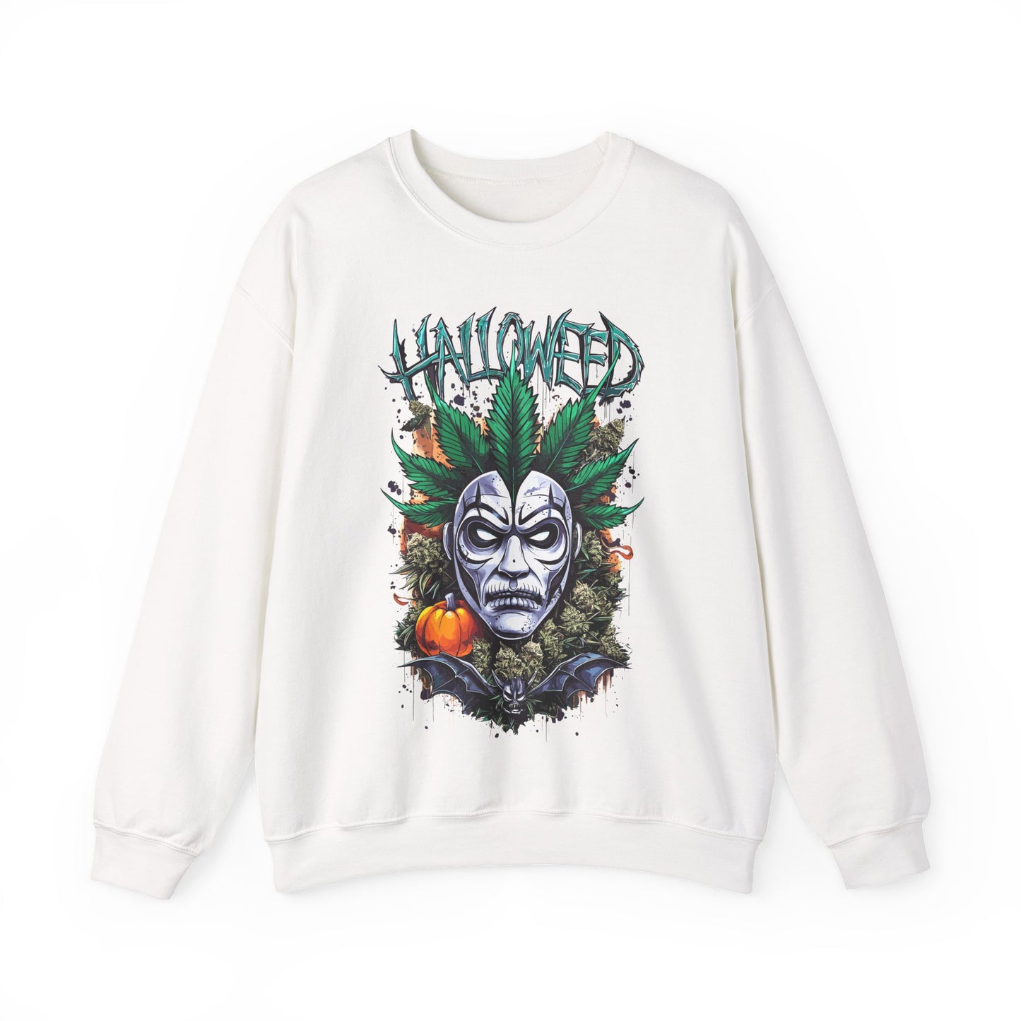 Hallowed Harvest — Halloween Mask & Pumpkin Graphic Sweatshirt