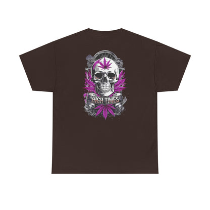 Skull & Purple Cannabis Leaf Tee - "High Times" Graphic T-Shirt Both