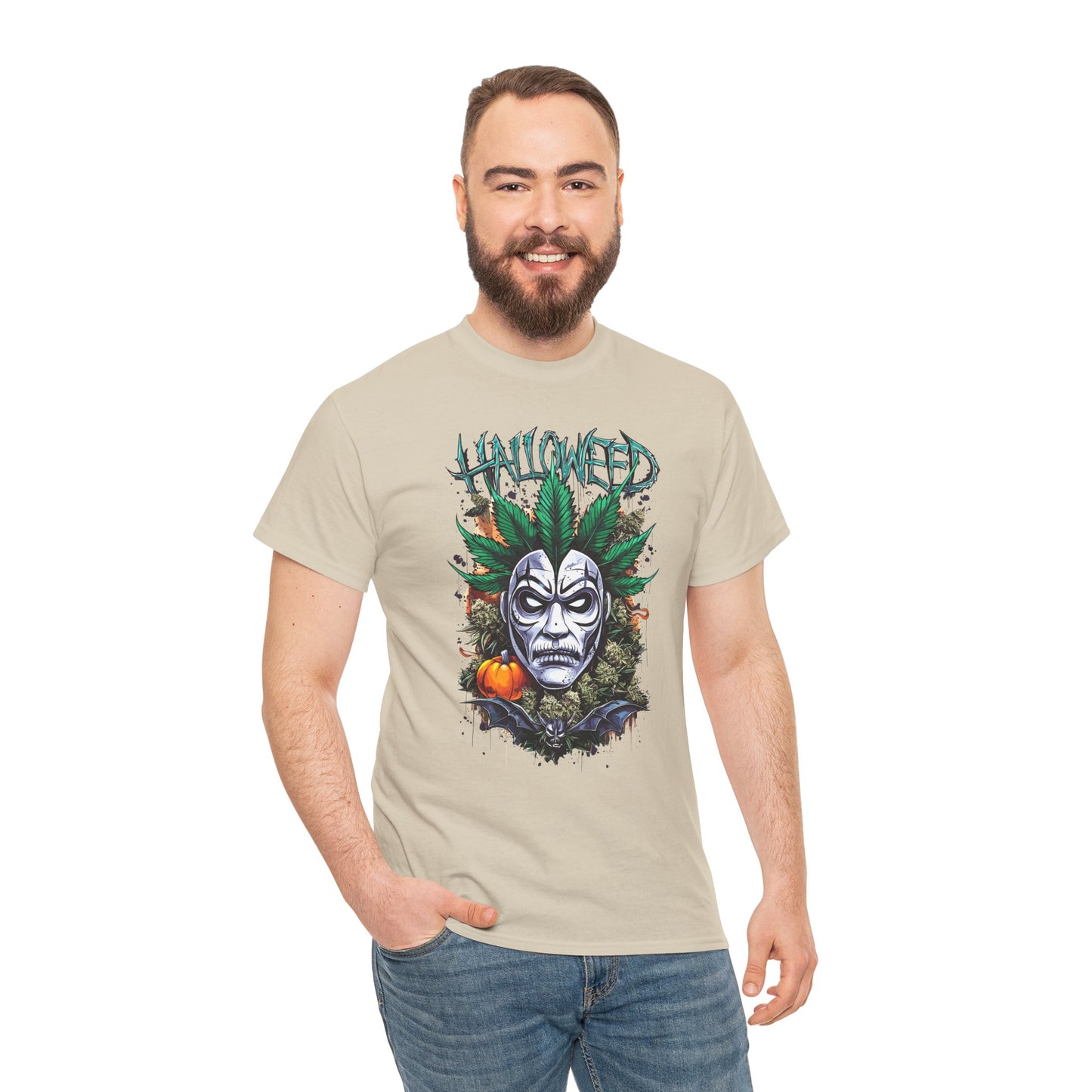 Hallowed Harvest Tee — Halloween Mask & Pumpkin Graphic T-Shirt