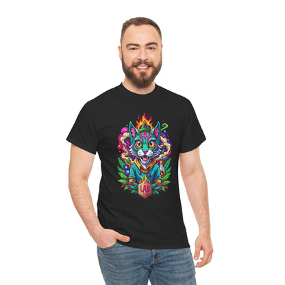 Psychedelic Flame Cat Graphic Tee — Colorful Trippy Cat Design