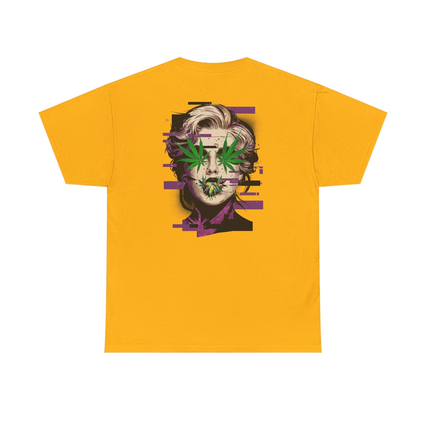 Vintage Portrait Tee — Glitch Art Face with Cannabis Leaf Mask