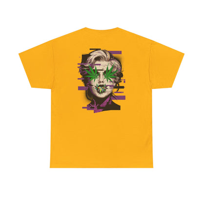 Vintage Portrait Tee — Glitch Art Face with Cannabis Leaf Mask
