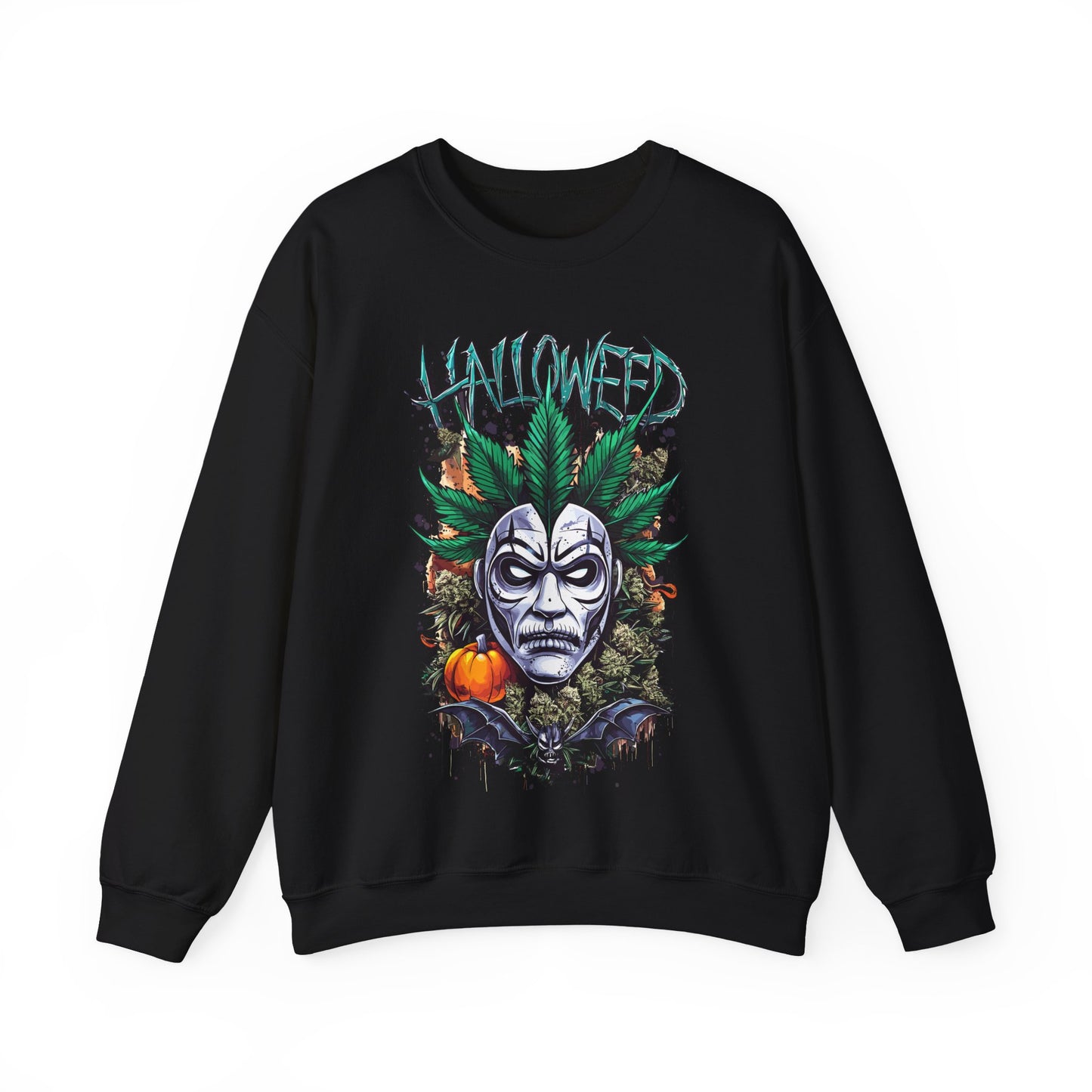 Hallowed Harvest — Halloween Mask & Pumpkin Graphic Sweatshirt
