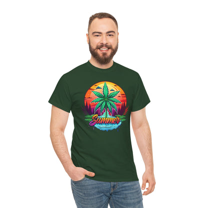 Summer Cannabis Leaf T-Shirt – Retro Tropical Sunset Tee Both