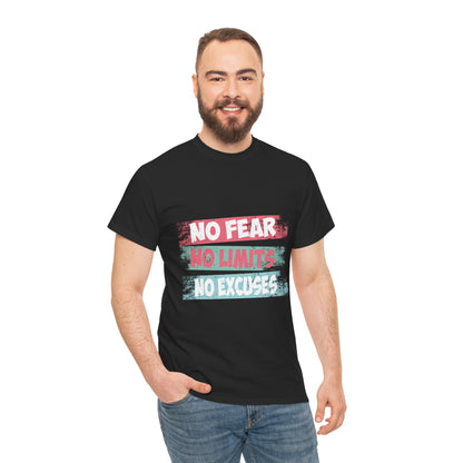 Inspiring Motivational Tee - Unisex Heavy Cotton Shirt with 'No Fear, No Limits, No Excuses' Design
