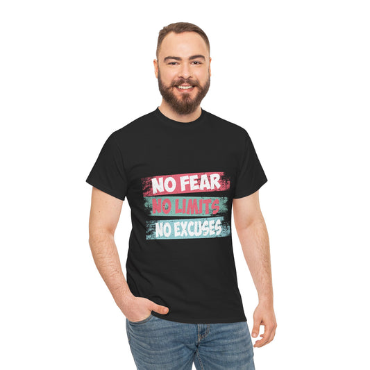 Inspiring Motivational Tee - Unisex Heavy Cotton Shirt with 'No Fear, No Limits, No Excuses' Design