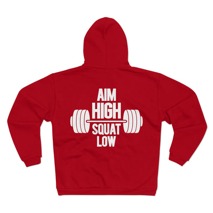 Motivational Fitness Hoodie - 'Aim High Squat Low' Unisex Hooded Zip Sweatshirt