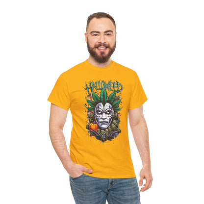 Hallowed Harvest Tee — Halloween Mask & Pumpkin Graphic T-Shirt