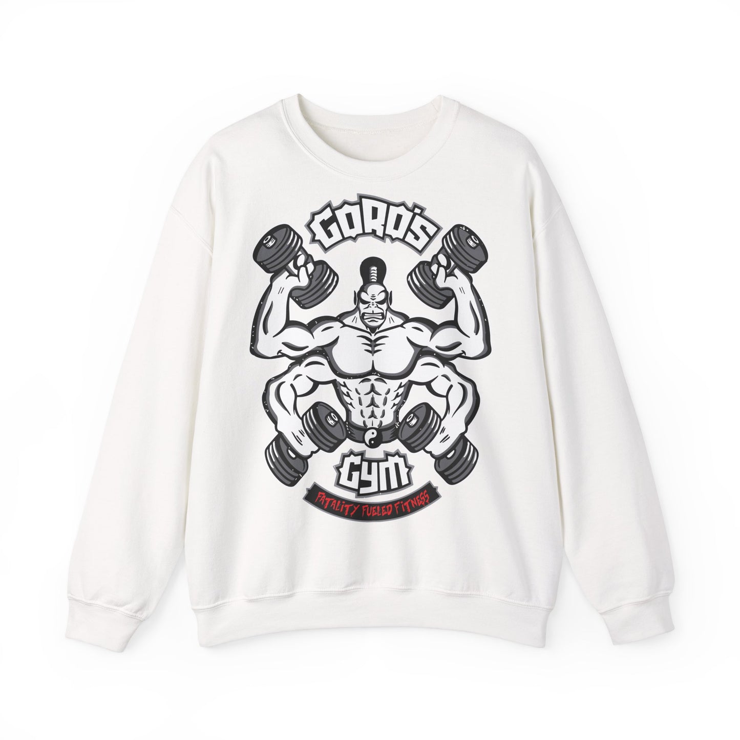 Goro's Gym Graphic Crewneck Sweatshirt - Perfect for Fitness Enthusiasts White
