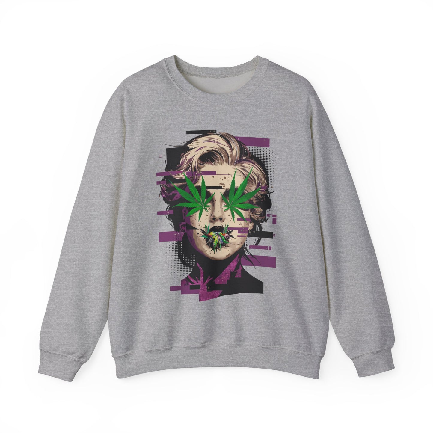 Vintage Portrait Sweatshirt — Glitch Art Face with Cannabis Leaf Mask