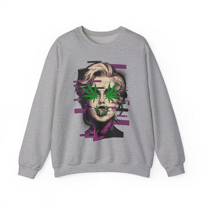 Vintage Portrait Sweatshirt — Glitch Art Face with Cannabis Leaf Mask