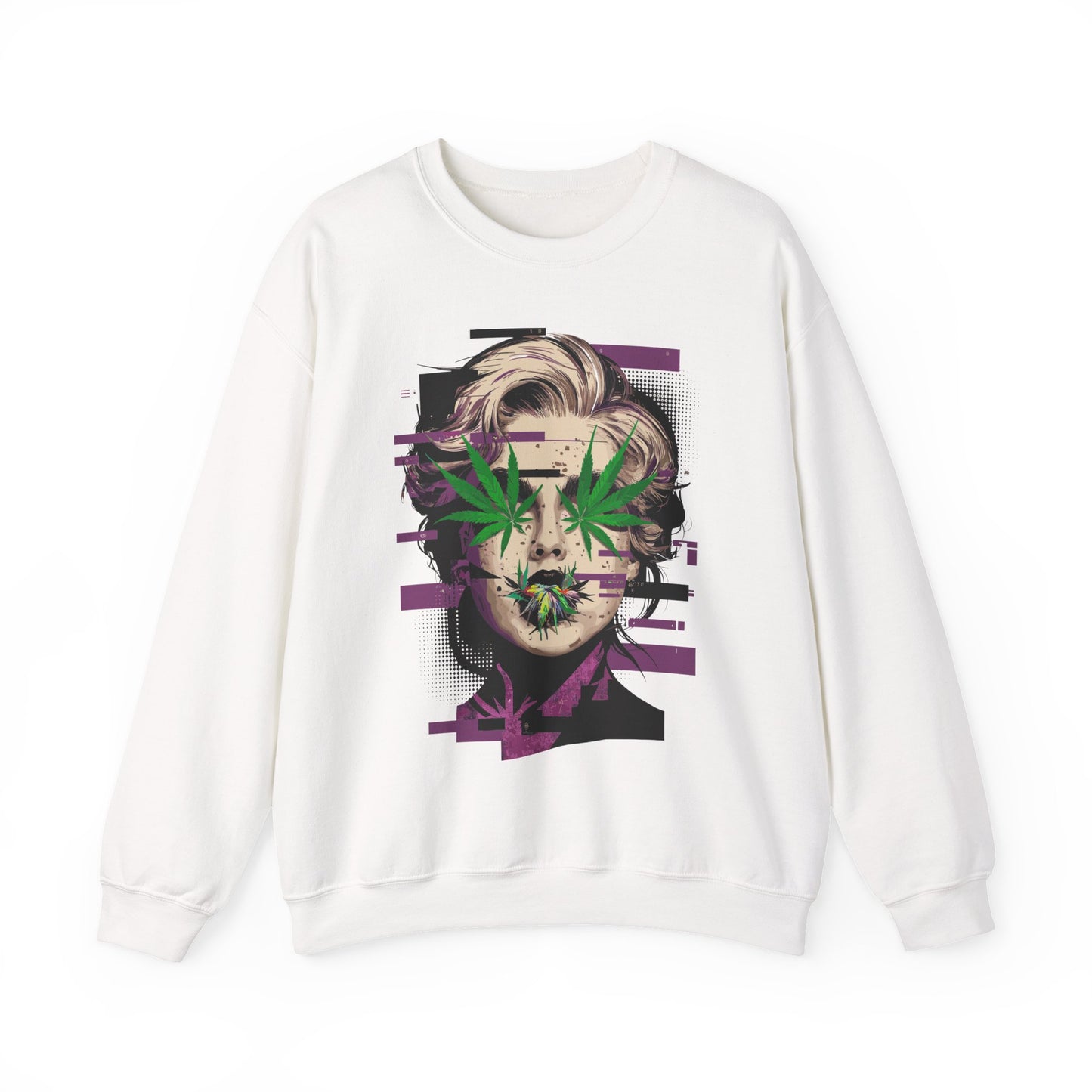 Vintage Portrait Sweatshirt — Glitch Art Face with Cannabis Leaf Mask