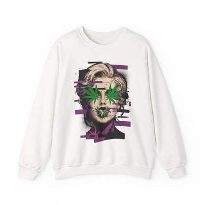 Vintage Portrait Sweatshirt — Glitch Art Face with Cannabis Leaf Mask