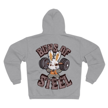 Buns of Steel Unisex Hooded Zip Sweatshirt - Fun Fitness Humor Hoodie for Gym Lovers