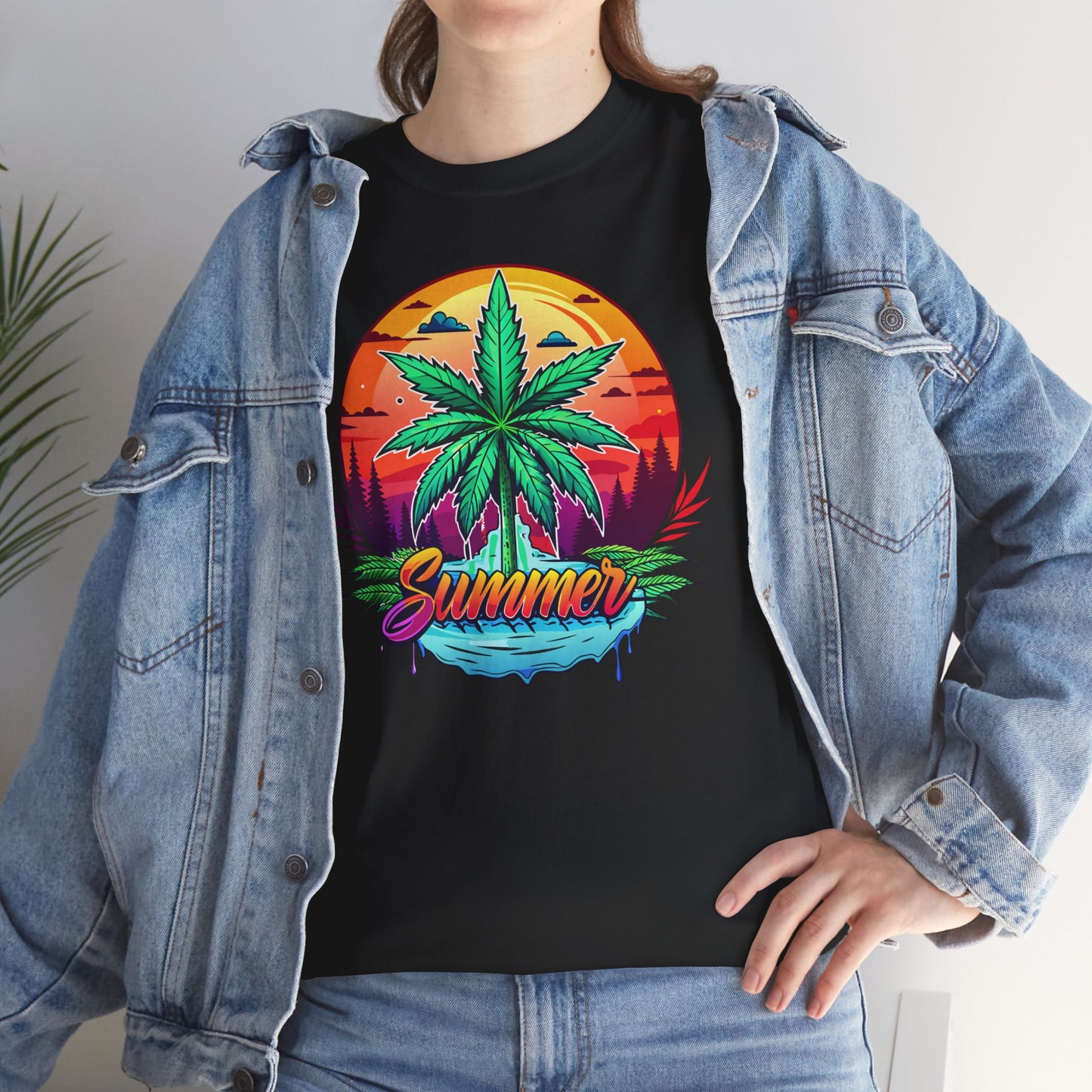 Summer Cannabis Leaf T-Shirt – Retro Tropical Sunset Tee