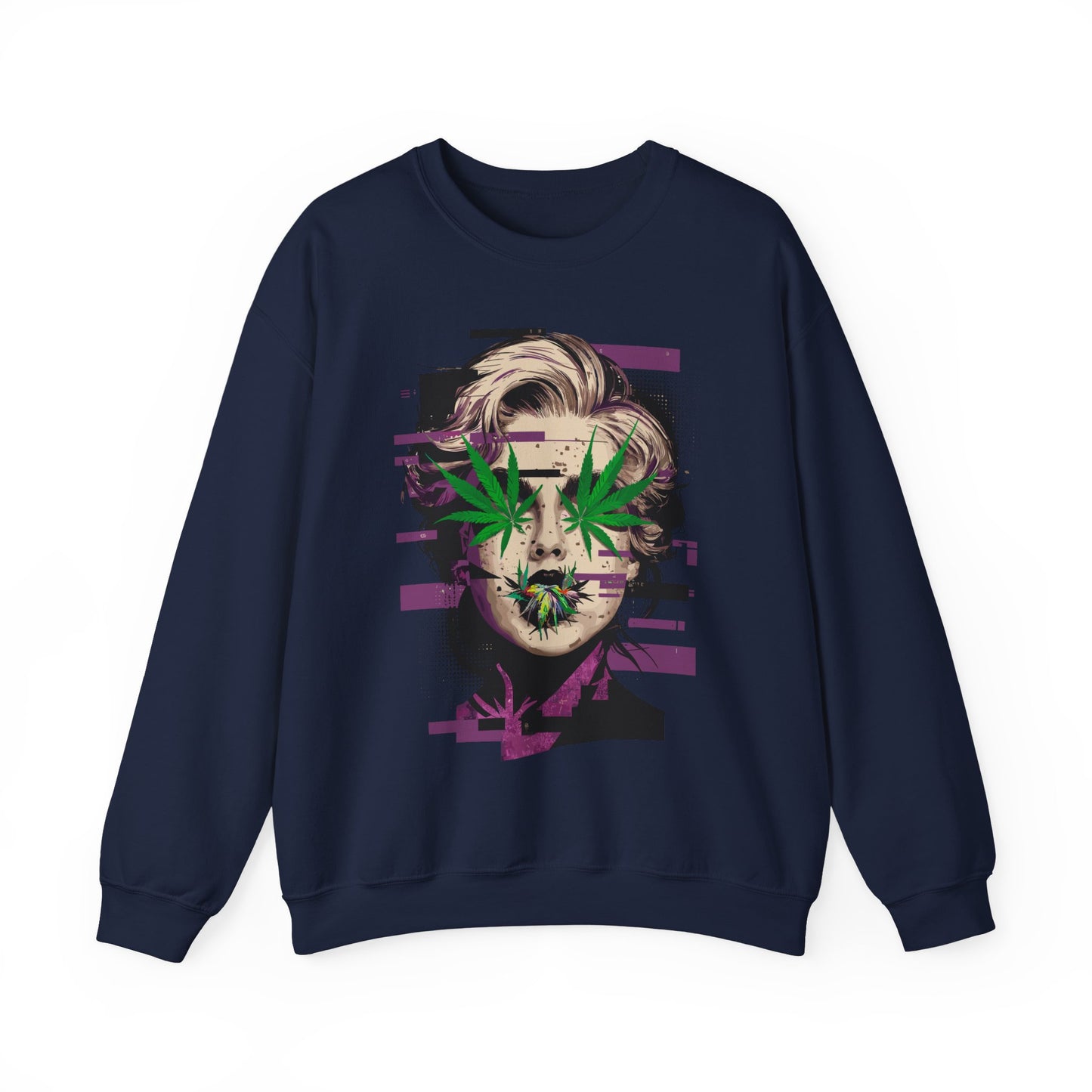 Vintage Portrait Sweatshirt — Glitch Art Face with Cannabis Leaf Mask