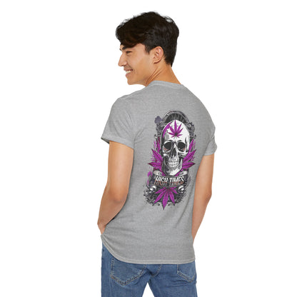 Skull & Purple Cannabis Leaf Tee - "High Times" Graphic T-Shirt Both