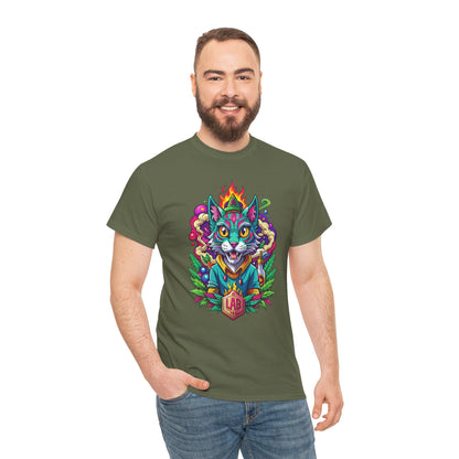 Psychedelic Flame Cat Graphic Tee — Colorful Trippy Cat Design