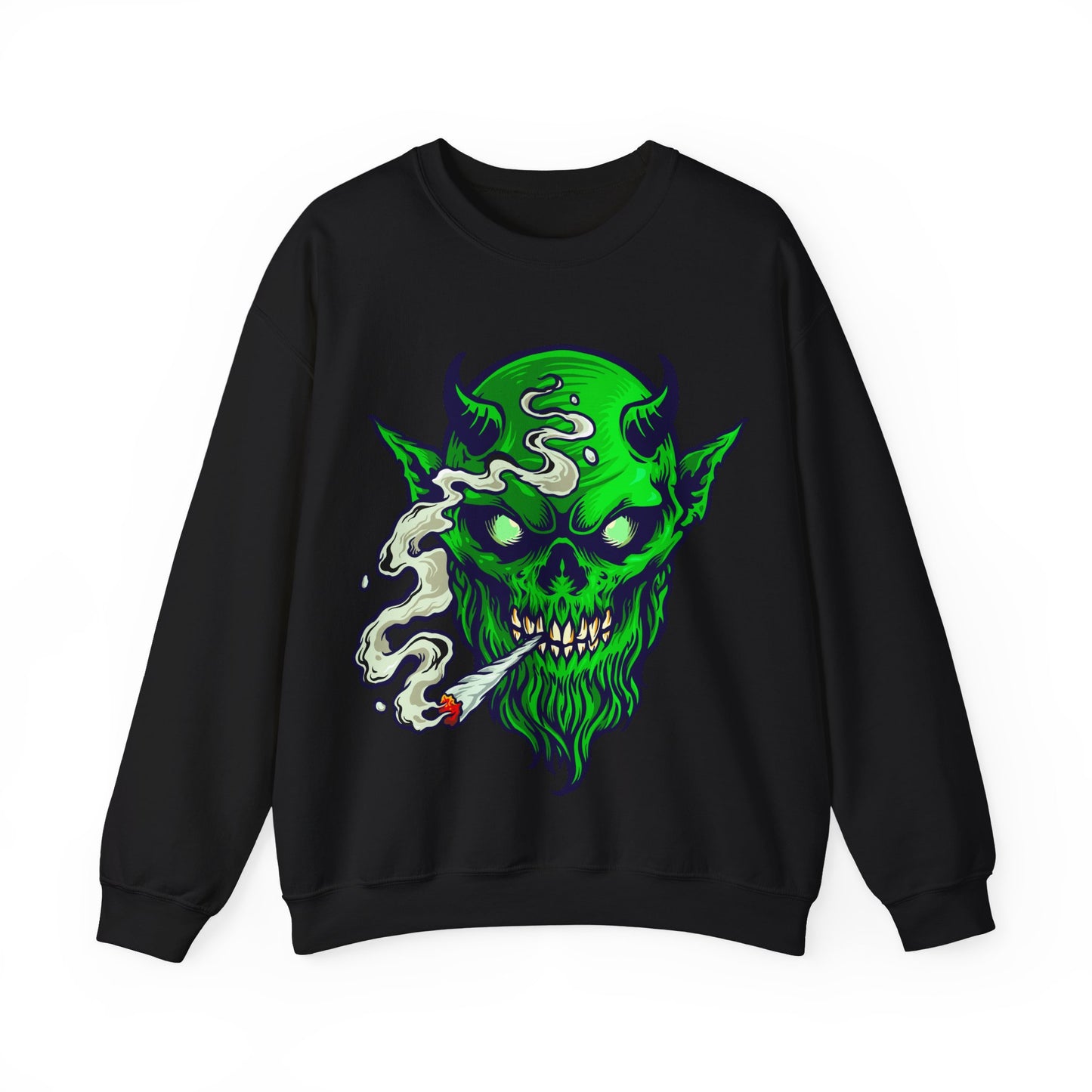 Smoking Green Demon Skull Sweatshirt — Creepy Stoner Graphic