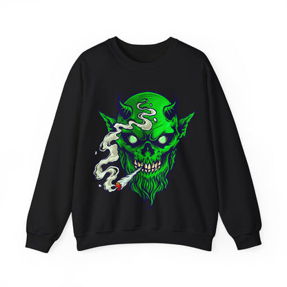 Smoking Green Demon Skull Sweatshirt — Creepy Stoner Graphic
