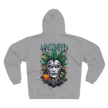 Hallowed Harvest Zip — Halloween Mask & Pumpkin Graphic Zip Hoodie