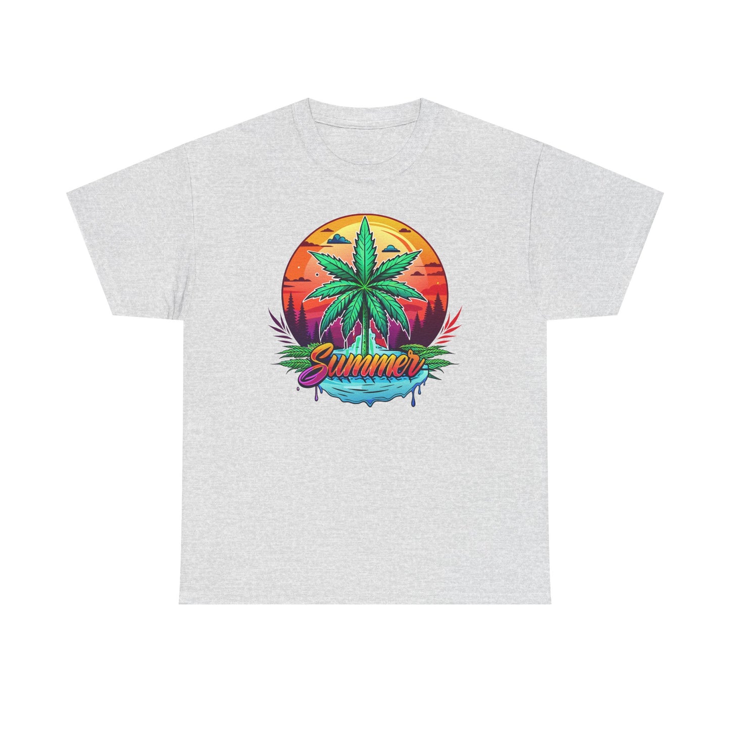 Summer Cannabis Leaf T-Shirt – Retro Tropical Sunset Tee Both