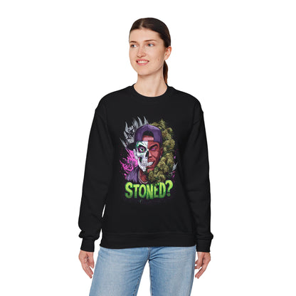 Sweatshirt— 'Stoned?' Skull Face Graphic for Cannabis Lovers