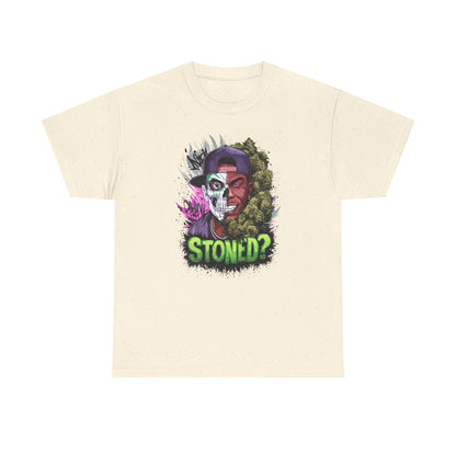T-Shirt — 'Stoned?' Skull Face Graphic Tee for Cannabis Lovers