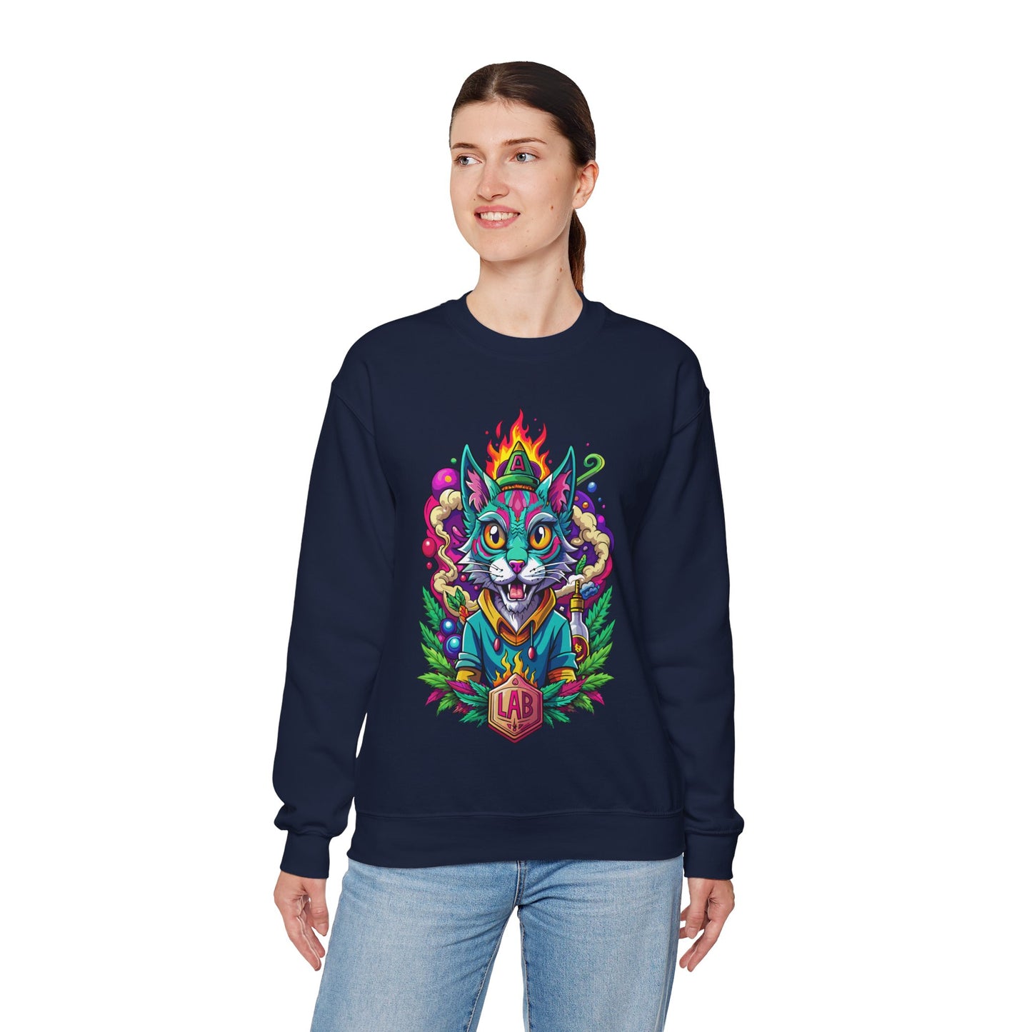Psychedelic Flame Cat Graphic Sweatshirt — Colorful Trippy Cat Design