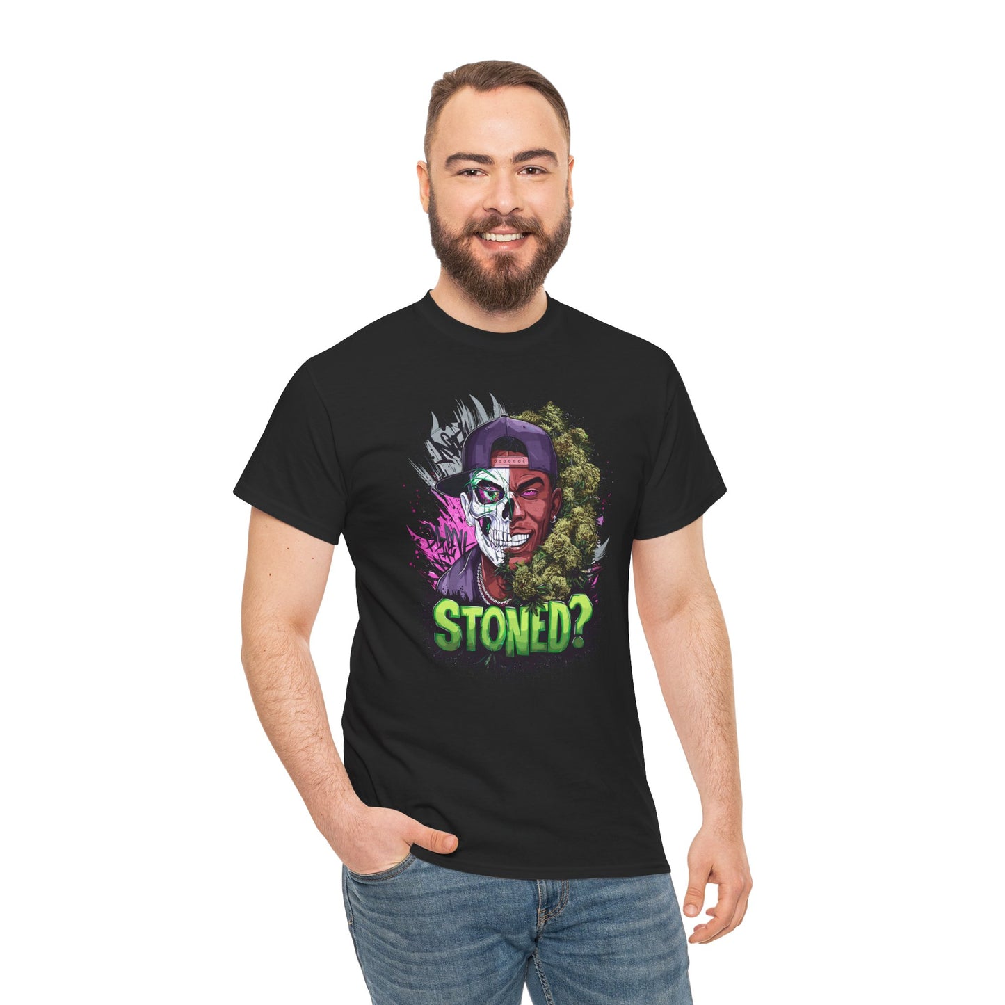 T-Shirt — 'Stoned?' Skull Face Graphic Tee for Cannabis Lovers