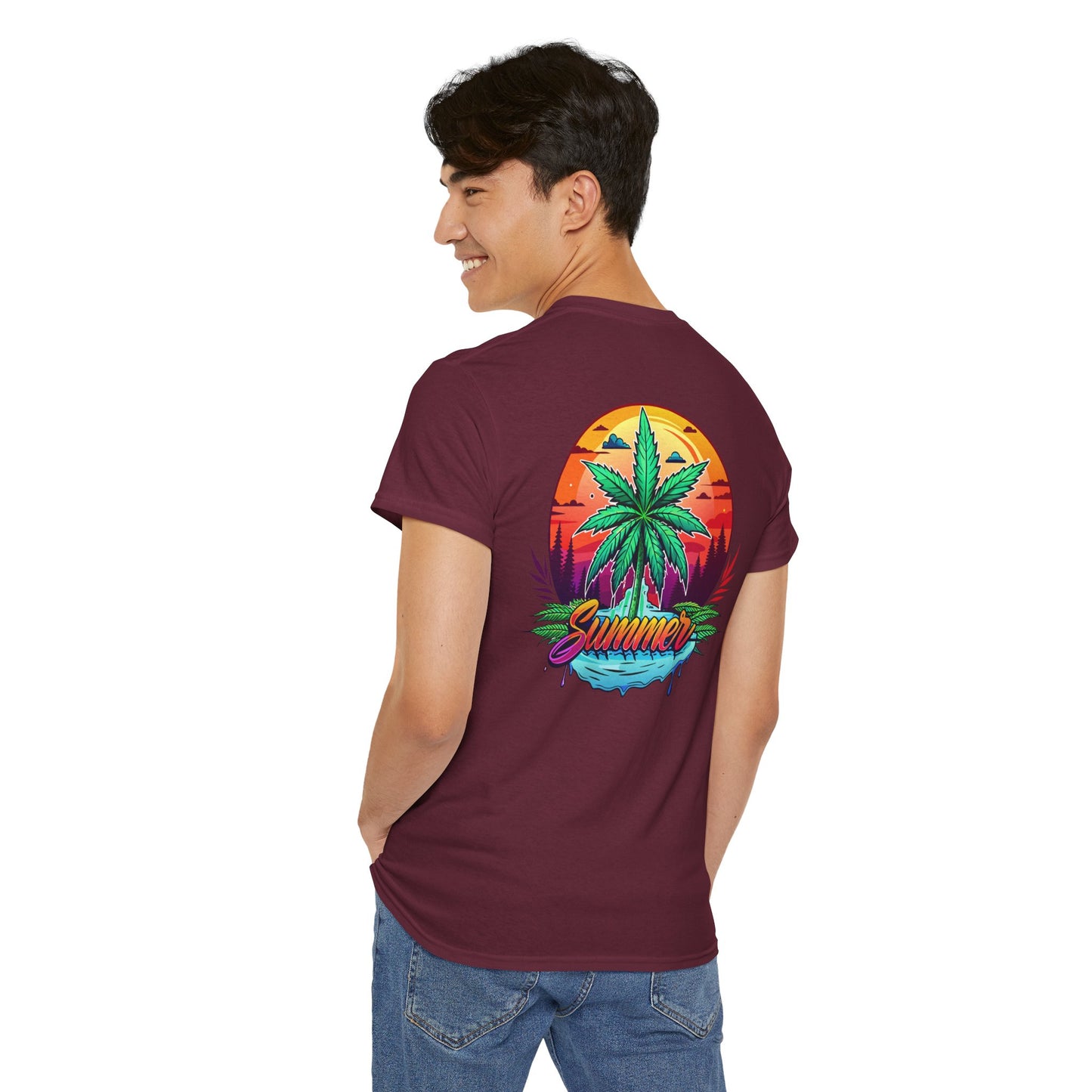 Summer Cannabis Leaf T-Shirt – Retro Tropical Sunset Tee Both