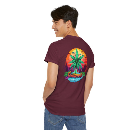 Summer Cannabis Leaf T-Shirt – Retro Tropical Sunset Tee Both