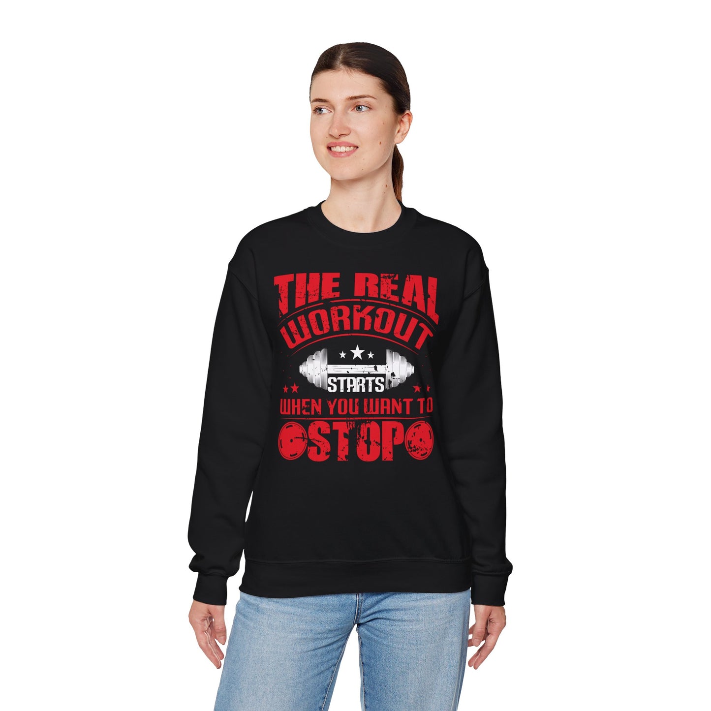 Motivational Gym Crewneck Sweatshirt - "The Real Workout Starts"
