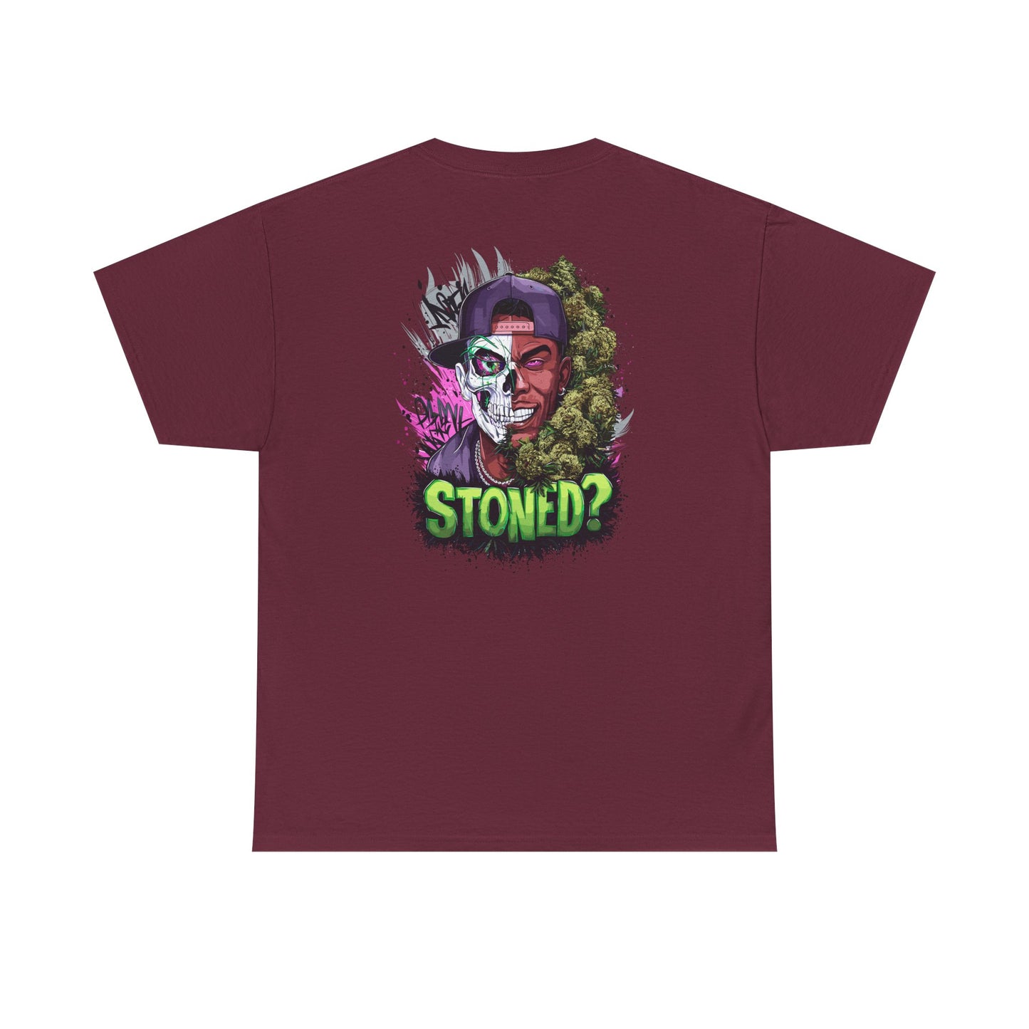 T-Shirt — 'Stoned?' Skull Face Graphic Tee for Cannabis Lovers