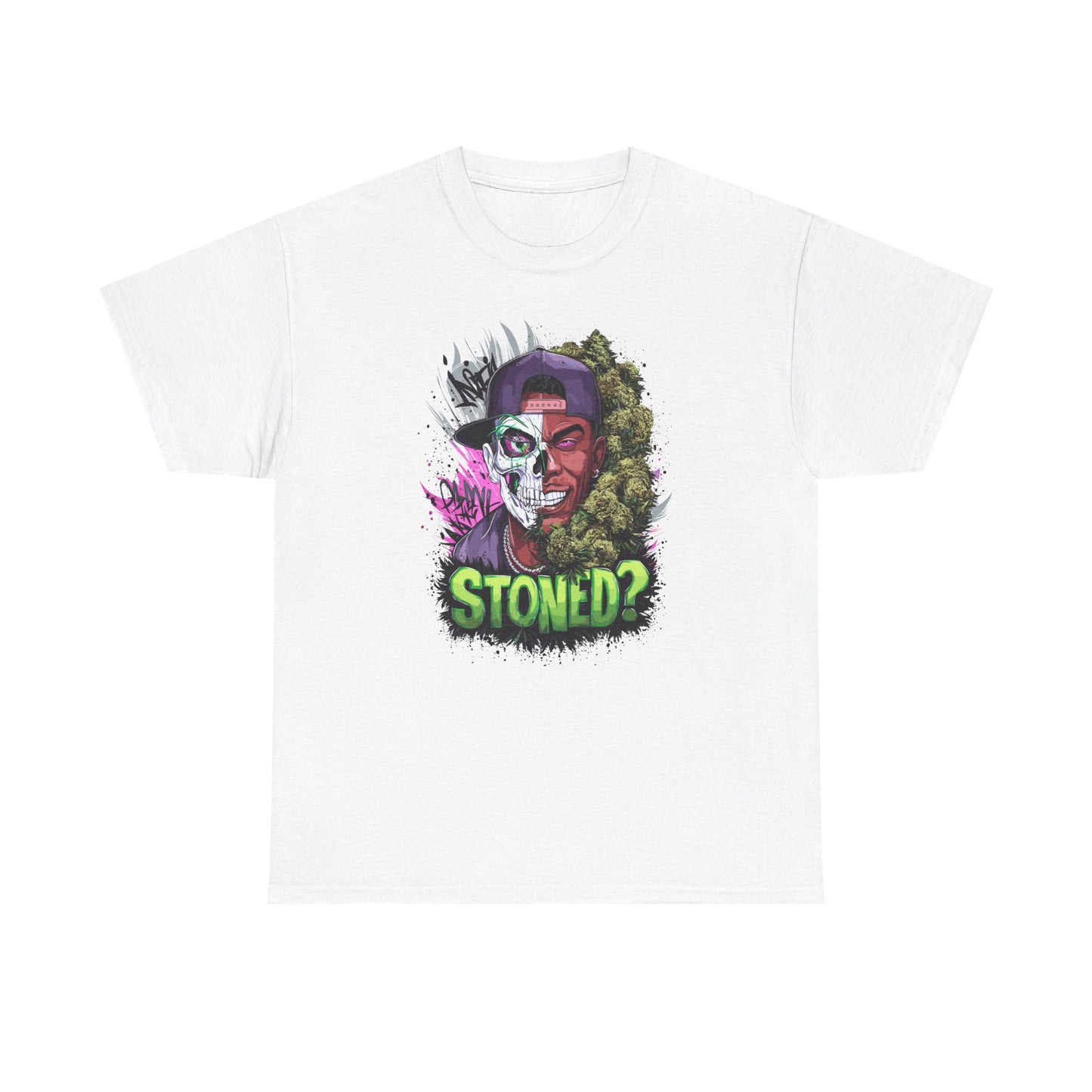 T-Shirt — 'Stoned?' Skull Face Graphic Tee for Cannabis Lovers