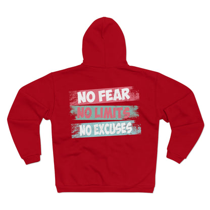 Motivational Unisex Hooded Zip Sweatshirt - No Fear, No Limits, No Excuses