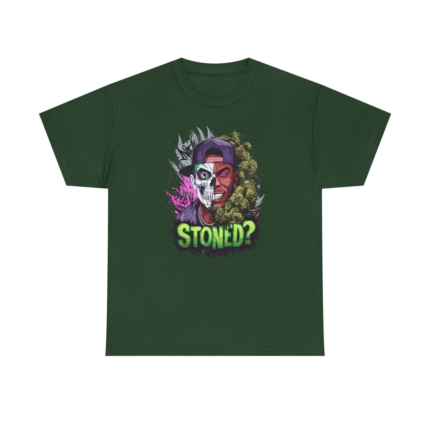 T-Shirt — 'Stoned?' Skull Face Graphic Tee for Cannabis Lovers