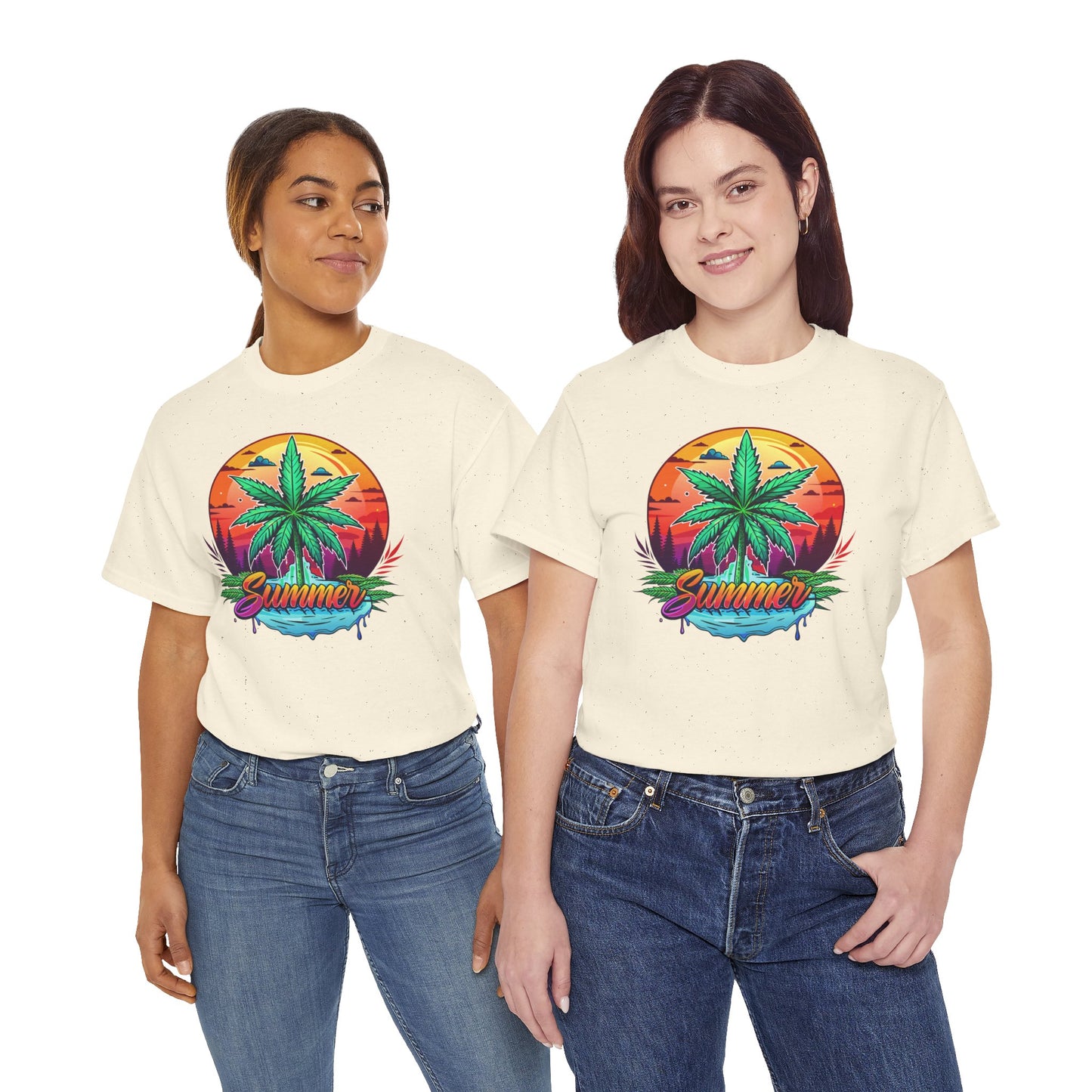 Summer Cannabis Leaf T-Shirt – Retro Tropical Sunset Tee Both