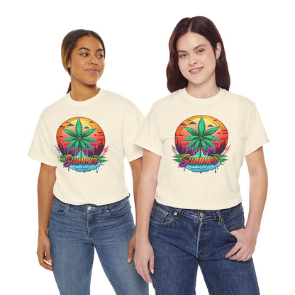 Summer Cannabis Leaf T-Shirt – Retro Tropical Sunset Tee Both