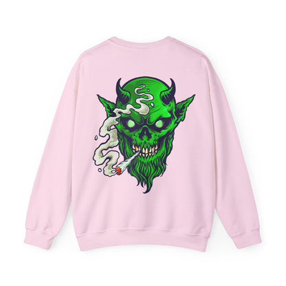 Smoking Green Demon Skull Sweatshirt — Creepy Stoner Graphic